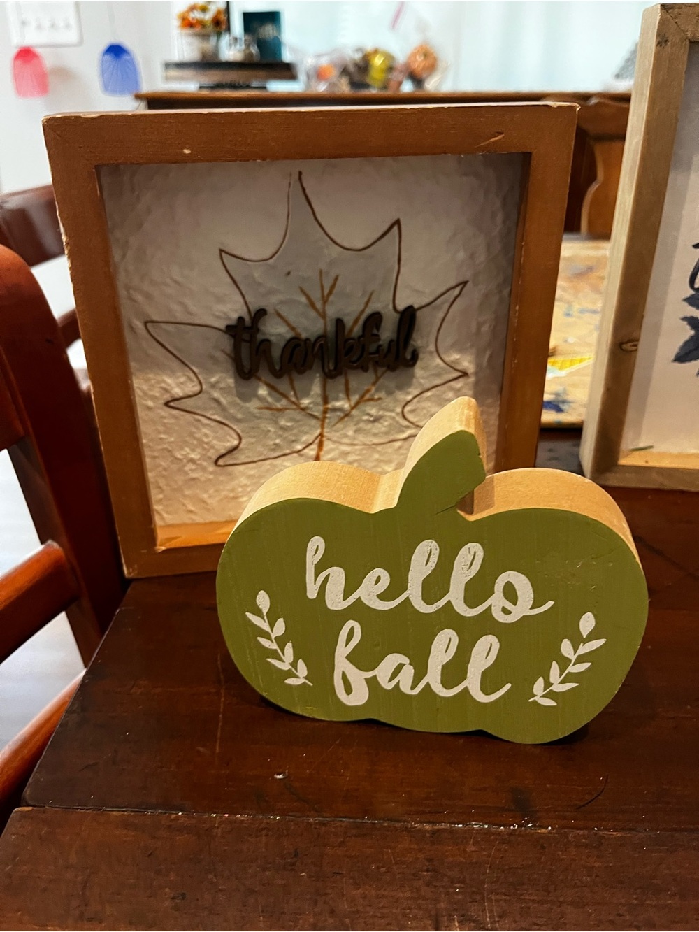 Hello Fall Wooden Pumpkin Sign - Green & Natural